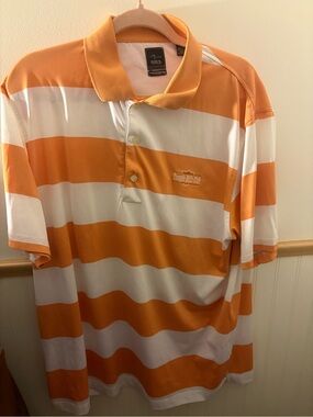 Page & Tuttle Cool Swing Mens L Orange White Stripe Golf Polo Temple Hills Club